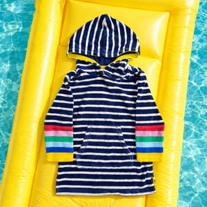 Boden Navy Stripe Rainbow Cuff Hooded Towelling Throw-on Cover Up 3-4Y 104cm